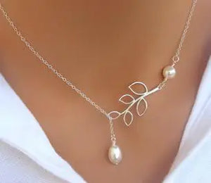 Cross Leaves Simulated Pearl Pendant Necklace