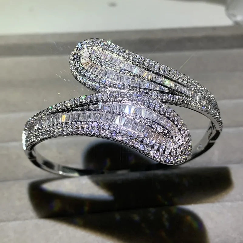 925 Silver Princess Cut 5A CZ Zircon Bridal Bangle Gift