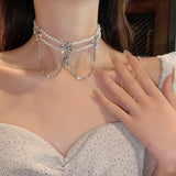 Korea Crystal Tassel Pearl Clavicle Necklace