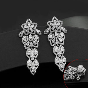 Long Leaf Drop Clip On Ear CZ Crystal Earrings for Women Wedding Party