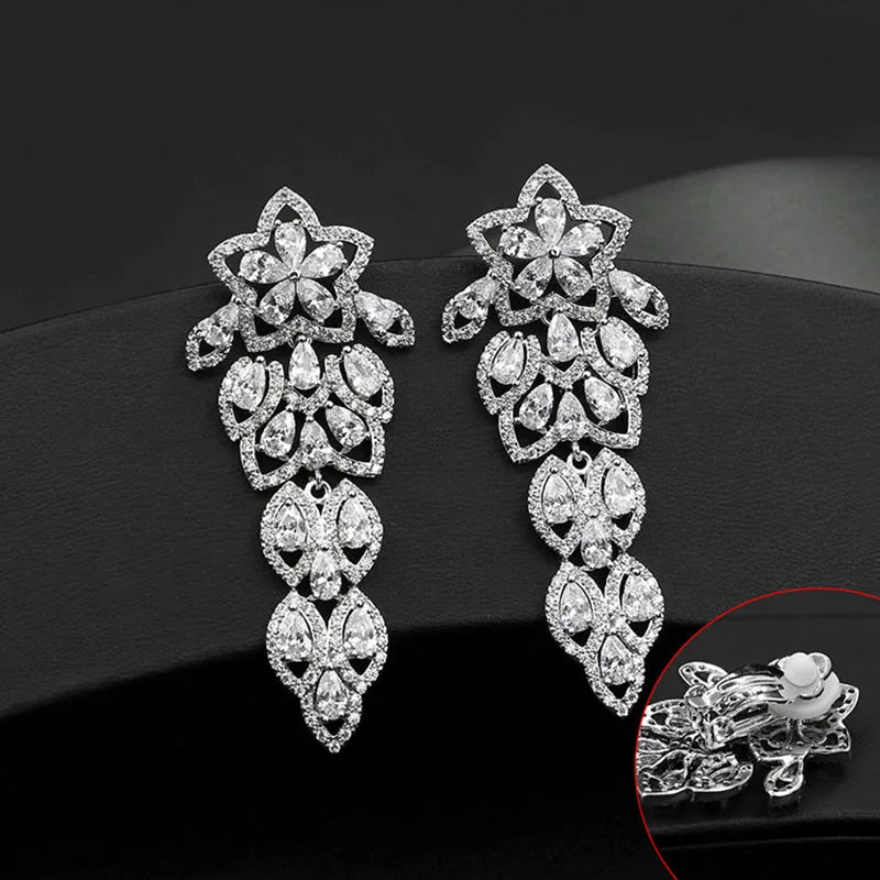 Long Leaf Drop Clip On Ear CZ Crystal Earrings for Women Wedding Party