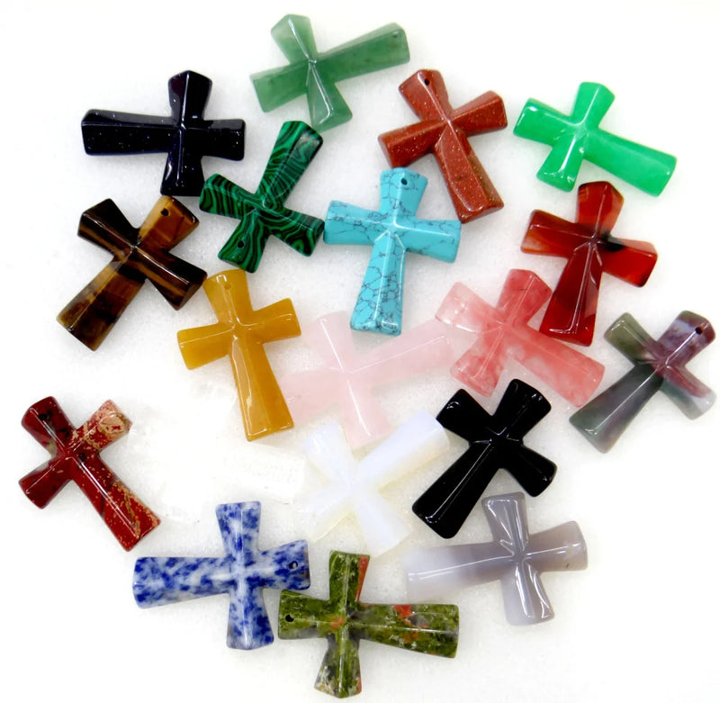 Stone Mix Quartz Tiger Opal Unakite Cross Pendants DIY Jewelry 6pc