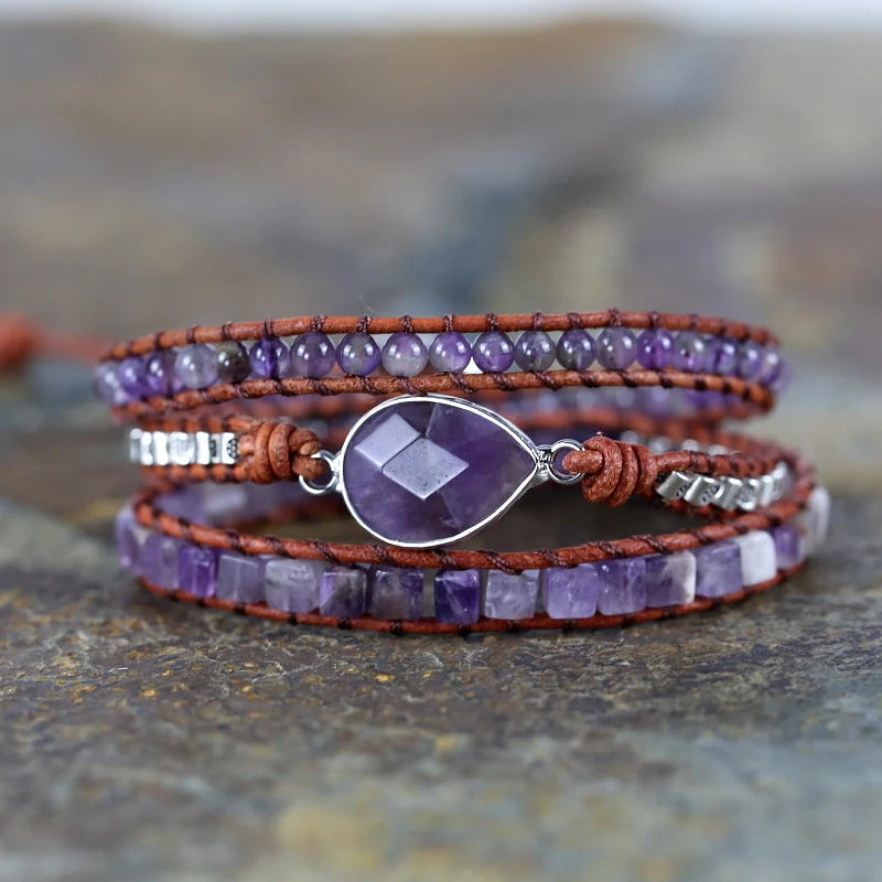 Crystal Quartz Charm 3 Strands Wrap Bracelet Boho Leather