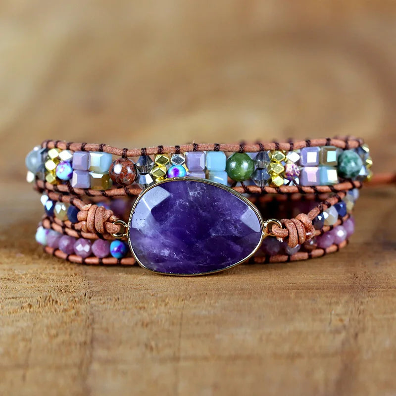 Crystal Quartz Charm 3 Strands Wrap Bracelets Boho Leather Bracelet