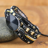 Natural Stone Beads Crystal Charm Leather Wrap Bracelet