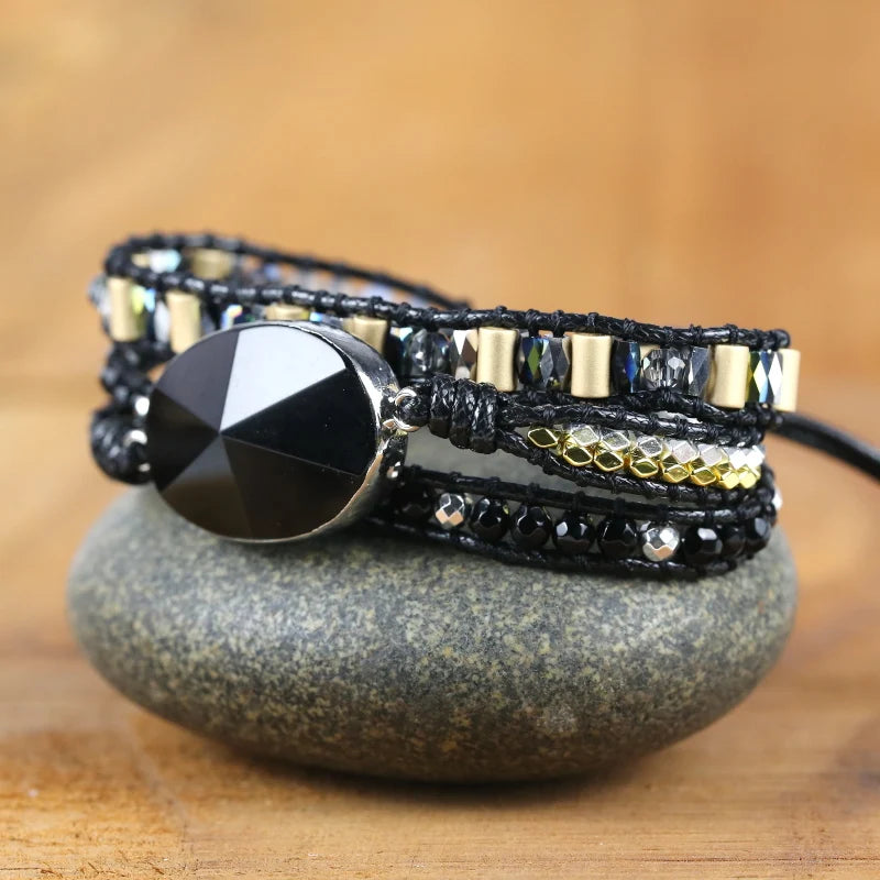 Natural Stone Beads Crystal Charm Leather Wrap Bracelet