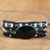 Natural Stone Beads Crystal Charm Leather Wrap Bracelet