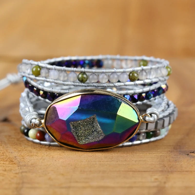 Natural Stone Wrap Bracelet with Crystal Charm