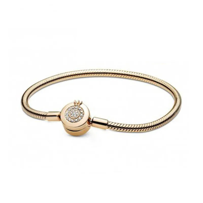S925 Sterling Silver Sparkling Crown O Snake Chain Bracelet