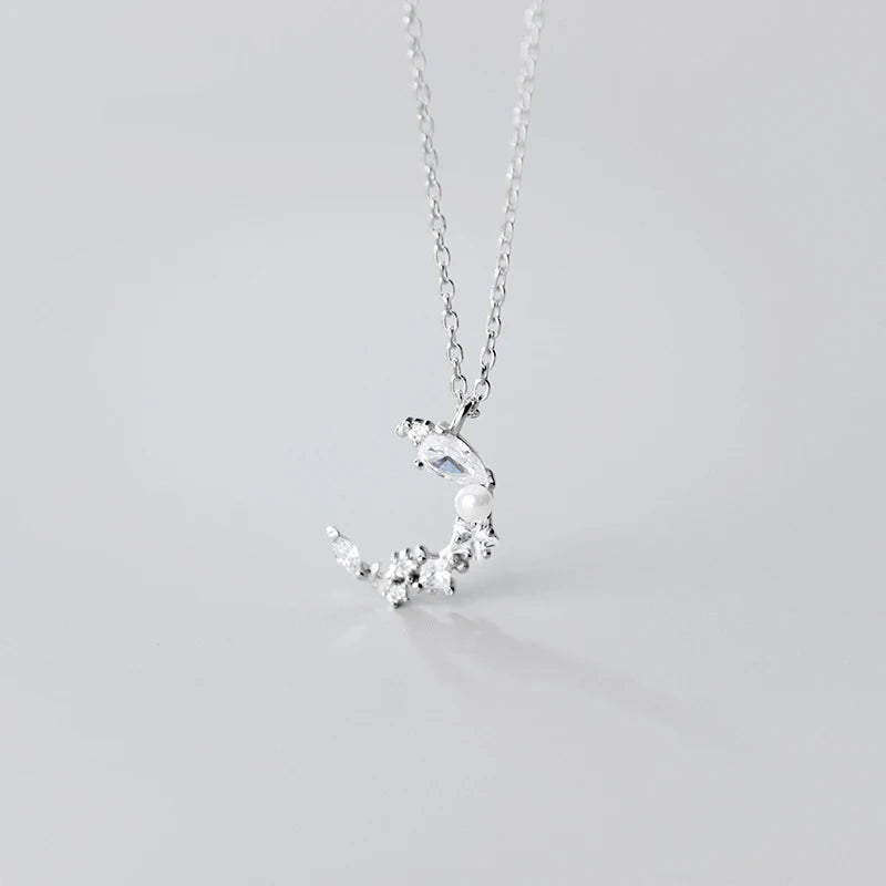 925 Silver Moon Necklace Rhinestone Pendant Women Jewelry