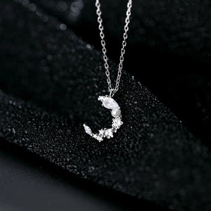 925 Silver Moon Necklace Rhinestone Pendant Women Jewelry