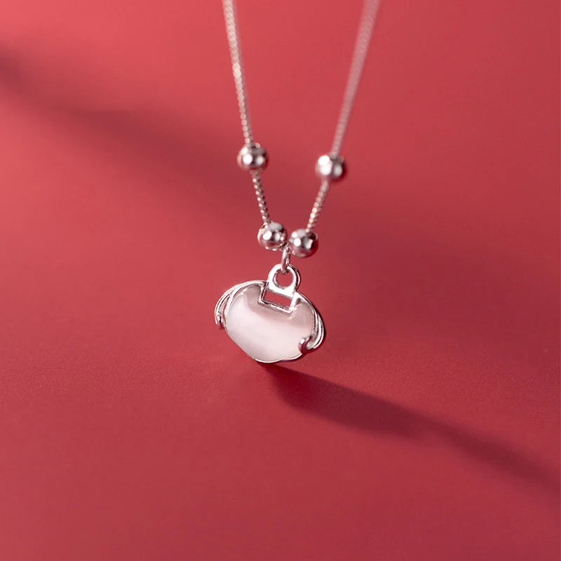 925 Silver Necklace Long Life Lock Pendant Round Bead Chain