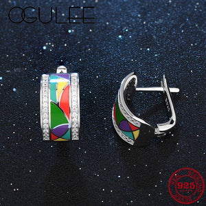 925 Silver Colorful Enamel CZ Stud Earrings Party Jewelry