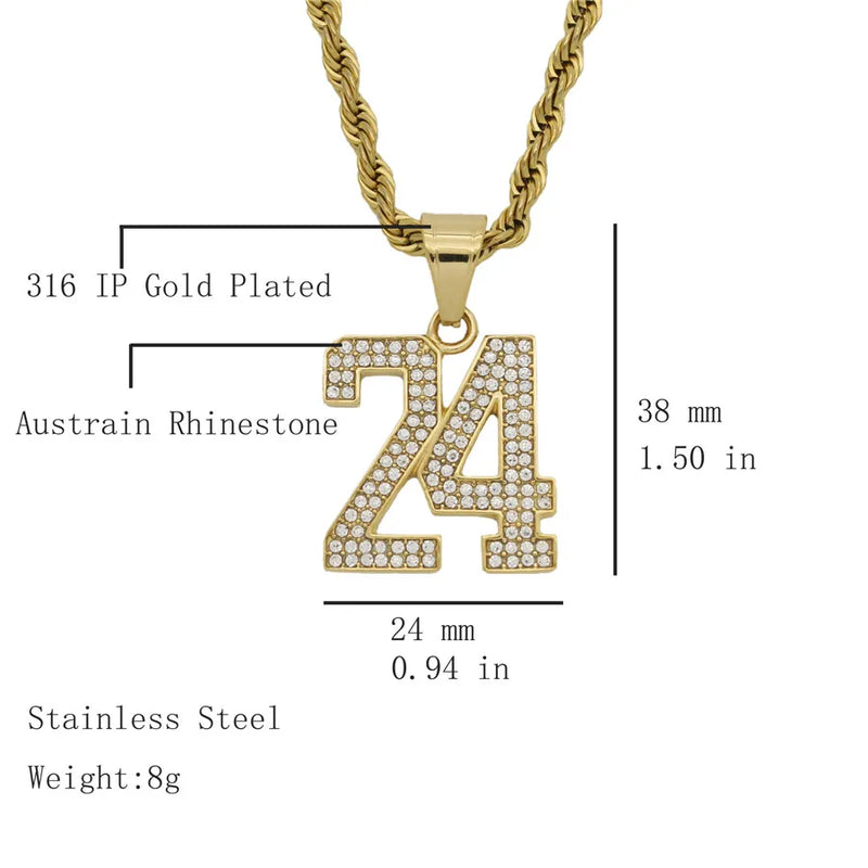 316L Stainless Steel Chain With Iced Out Number 24 Pendant Necklace