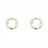 Pink Green Crystal Stud Earrings for Women Flower Circle Jewelry Gift
