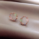 Pink Green Crystal Stud Earrings for Women Flower Circle Jewelry Gift