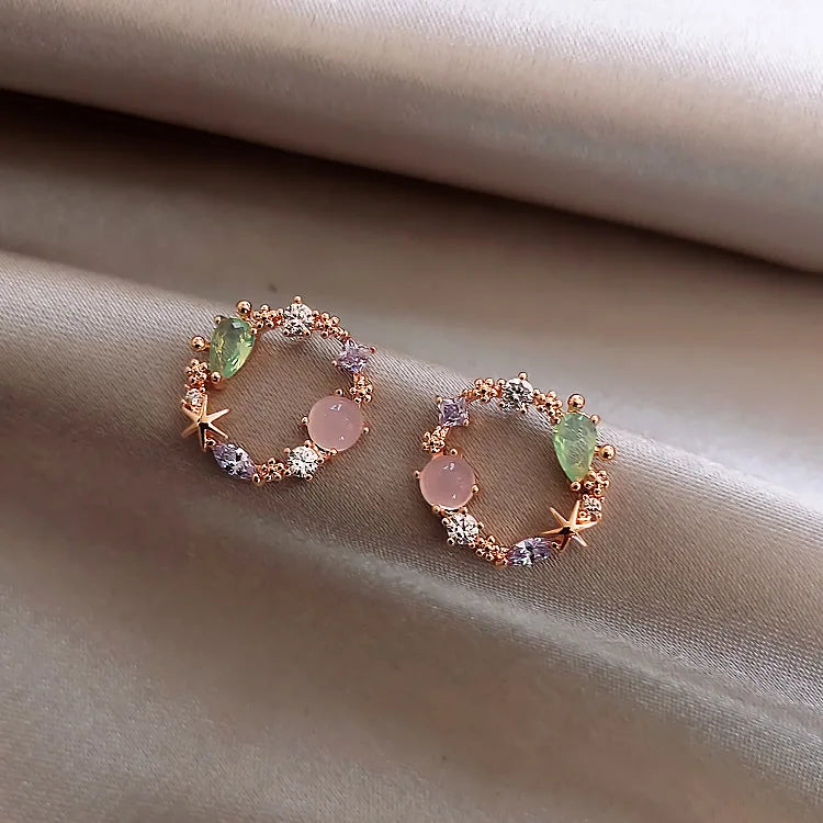 Pink Green Crystal Stud Earrings for Women Flower Circle Jewelry Gift