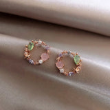 Pink Green Crystal Stud Earrings for Women Flower Circle Jewelry Gift