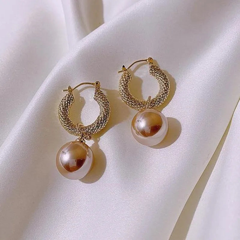 Geometric Metal Pearl Drop Earrings for Women