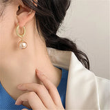 Geometric Metal Pearl Drop Earrings for Women