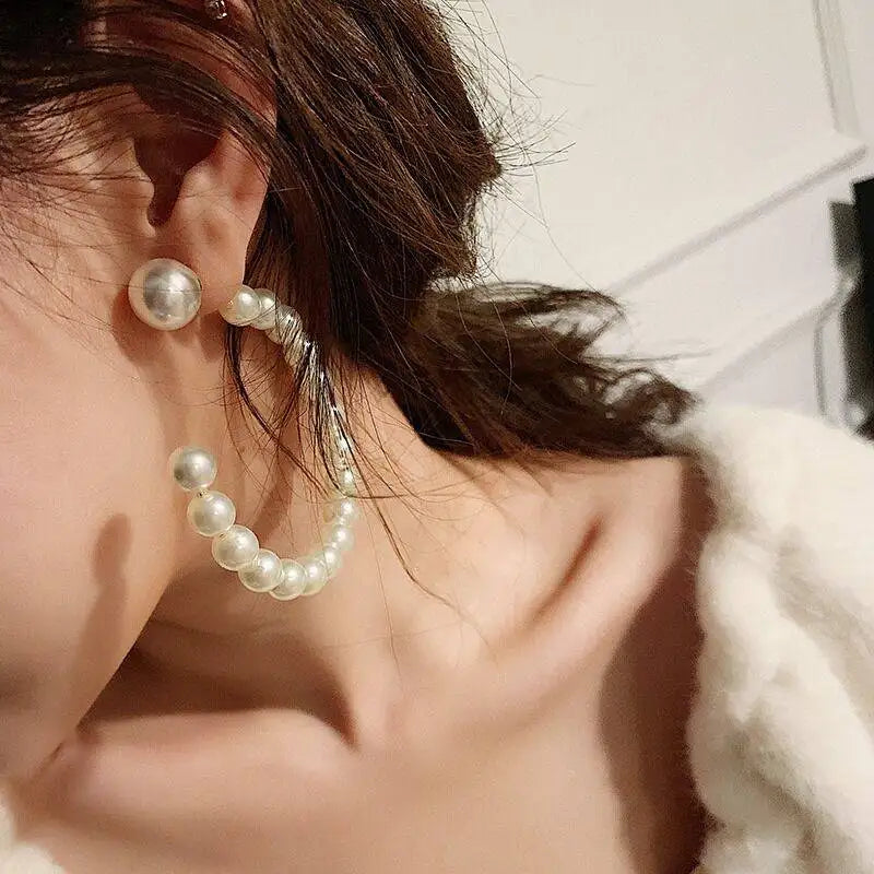 Big C Simulated Pearl Hoop Earrings For Women