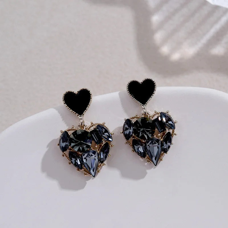 Gray Crystal Heart Dangle Earrings Sweet Jewelry