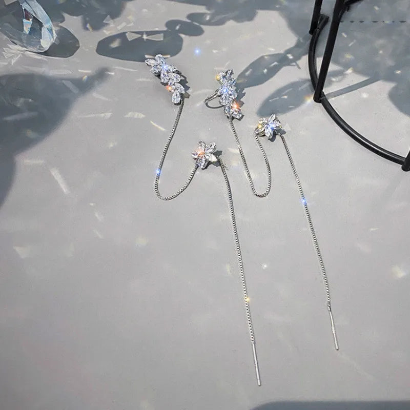 Crystal Water Flower Tassel Earbone Clip Ins Earrings Pendant Jewelry