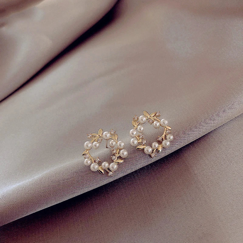 Pearl Wreath Stud Earrings Women Jewelry Lady Accessories
