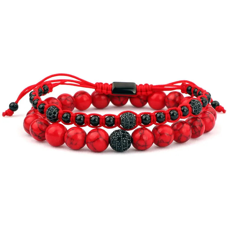 Red Stone Beads Macrame Bracelets Set