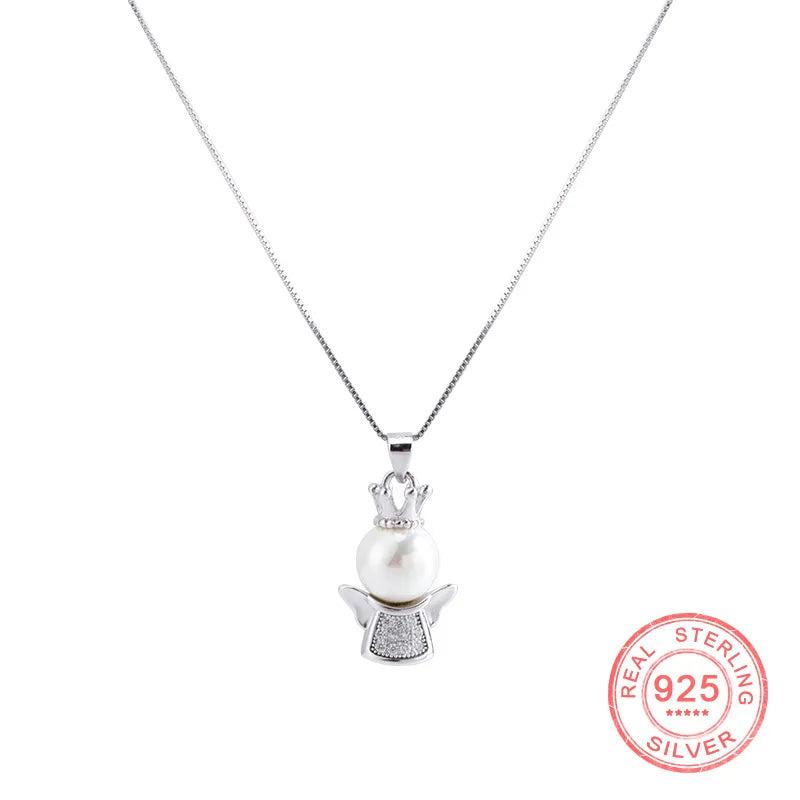 Angel Crown Necklace 925 Sterling Silver Shell Bead Pendant for Women