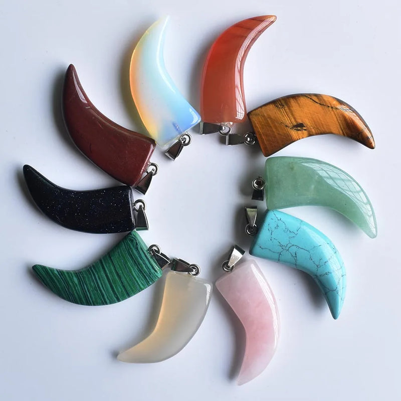 10pcs Assorted Natural Stone Ox Horn Pendants for Jewelry Making