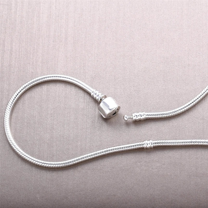 925 Sterling Silver Snake Chain Necklace Sparkling Heart Women Charms