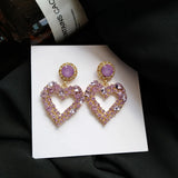 Purple Rhinestone Heart Clip-on Earrings, No Hole Temperament