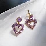 Purple Rhinestone Heart Clip-on Earrings, No Hole Temperament