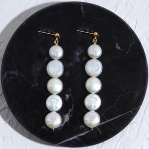 Pearl Long Earrings Flat Round Pearl Jewelry Women Adds Charming Pendant