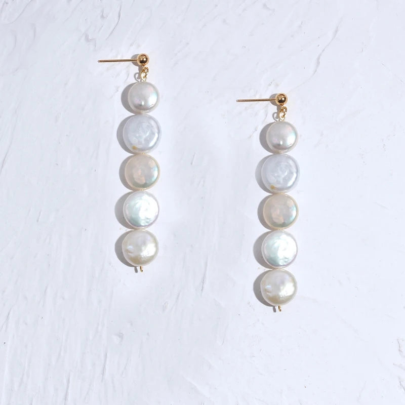 Pearl Long Earrings Flat Round Pearl Jewelry Women Adds Charming Pendant