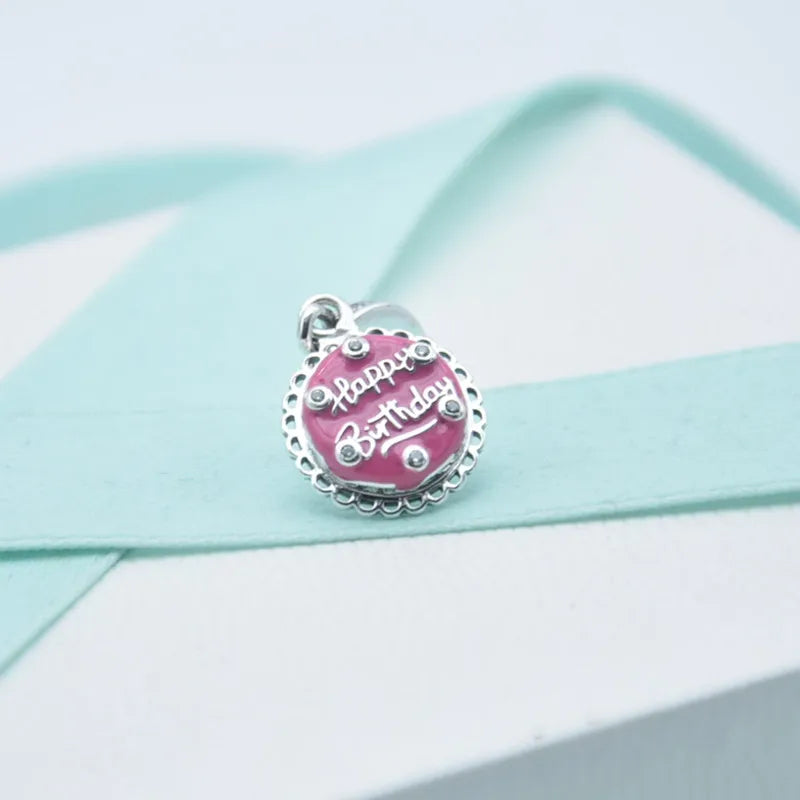 Pink Birthday Cake Dangle Charms 925 Sterling Silver Bead for Jewelry Making