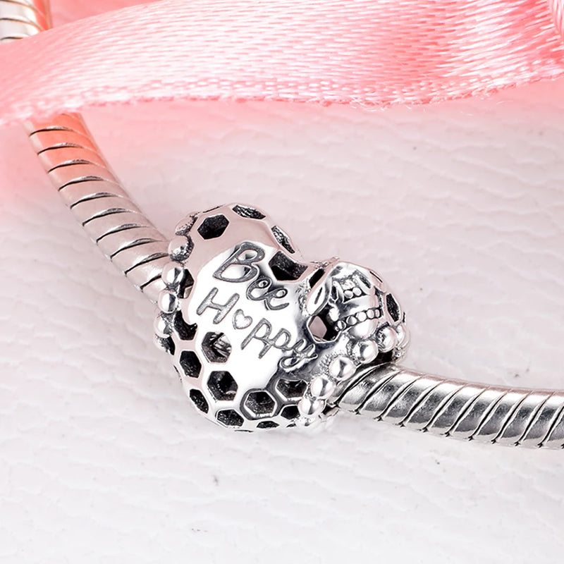 Bee Happy Honeycomb Heart Charm 925 Silver DIY Bracelet Jewelry