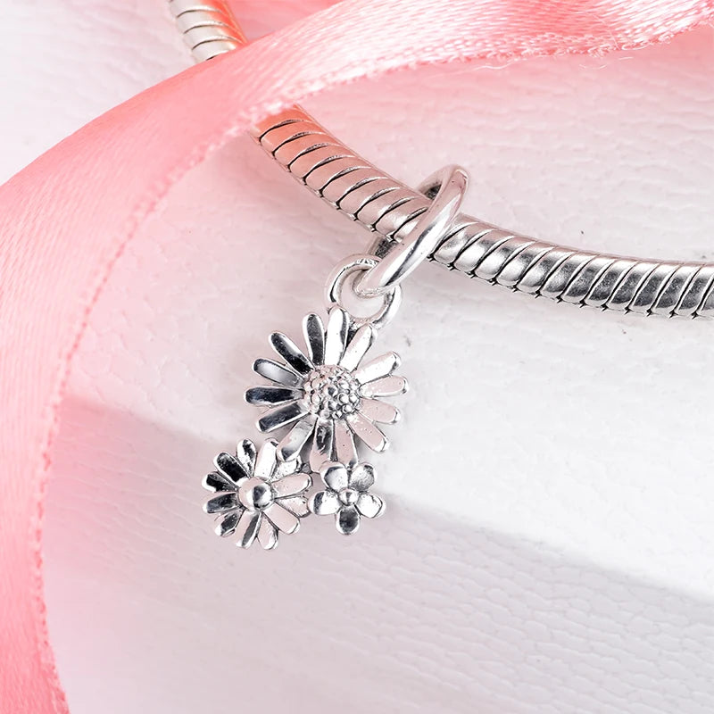 Spring Daisy Flower Bouquet Dangle Charm 925 Sterling Silver