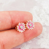 Pink Daisy Flower Stud Earrings 925 Sterling Silver S925 Brincos