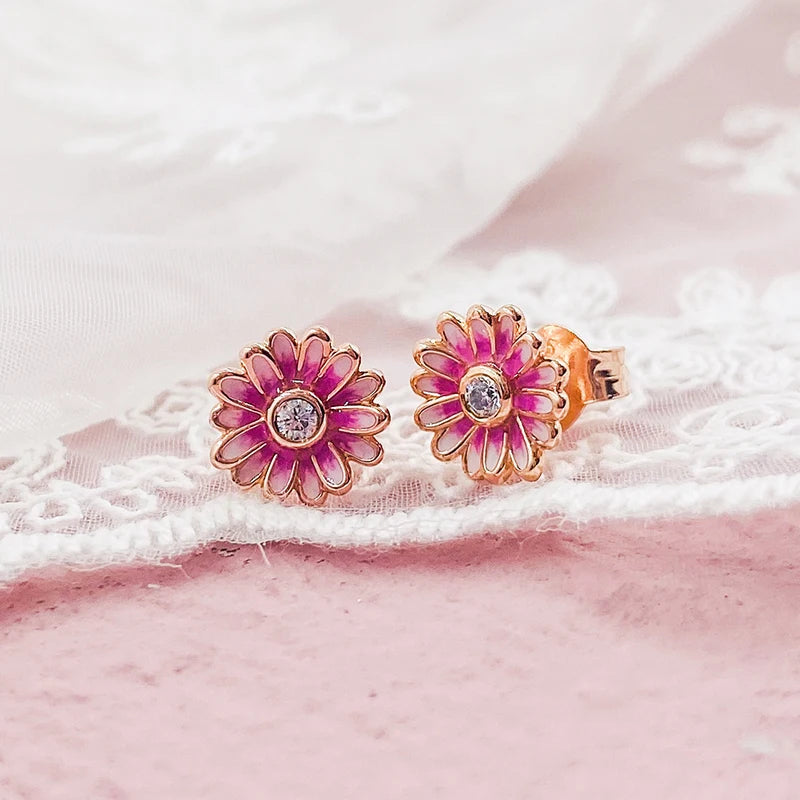 Pink Daisy Flower Stud Earrings 925 Sterling Silver S925 Brincos