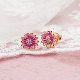 Pink Daisy Flower Stud Earrings 925 Sterling Silver S925 Brincos