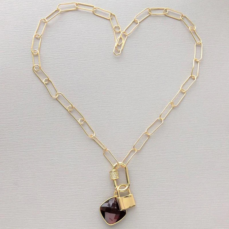 Crystal Pendant Necklace Gothic Punk Chain Lock Neck Decoration