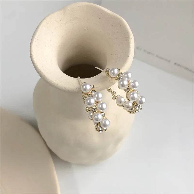 Vintage Japan Hoop Earrings Crystal Sweet Simulated Pearl Circle Jewelry