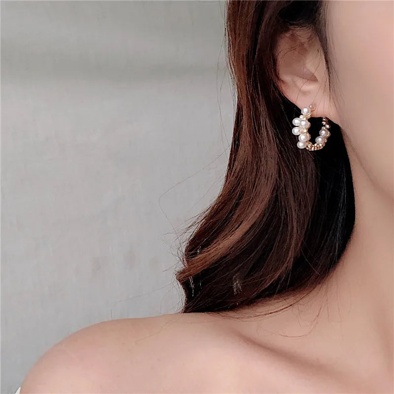 Vintage Japan Hoop Earrings Crystal Sweet Simulated Pearl Circle Jewelry