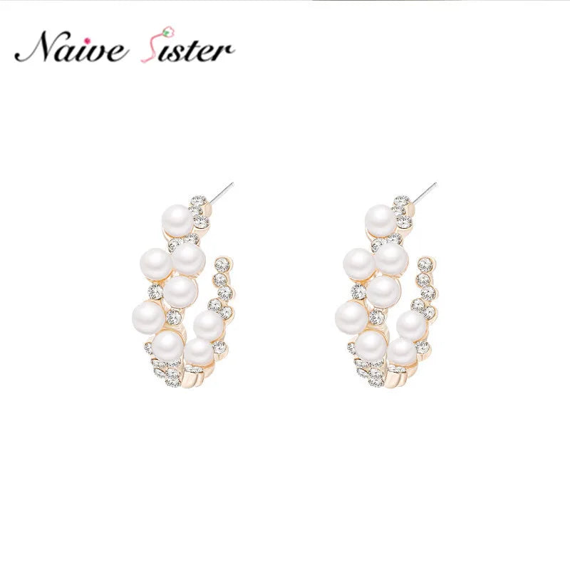 Vintage Japan Hoop Earrings Crystal Sweet Simulated Pearl Circle Jewelry