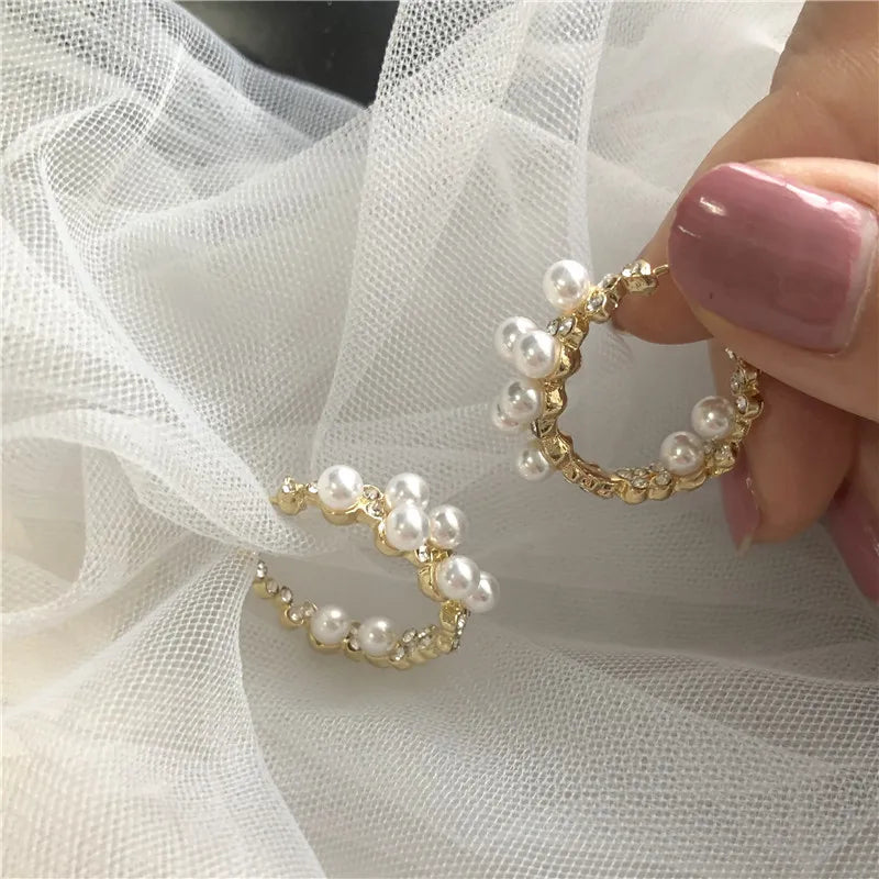 Vintage Japan Hoop Earrings Crystal Sweet Simulated Pearl Circle Jewelry