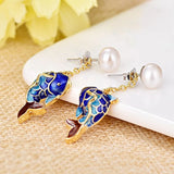 S925 Pure Silver Cloisonne Pearl Earrings Fish Design
