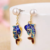 S925 Pure Silver Cloisonne Pearl Earrings Fish Design