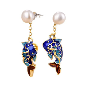 S925 Pure Silver Cloisonne Pearl Earrings Fish Design